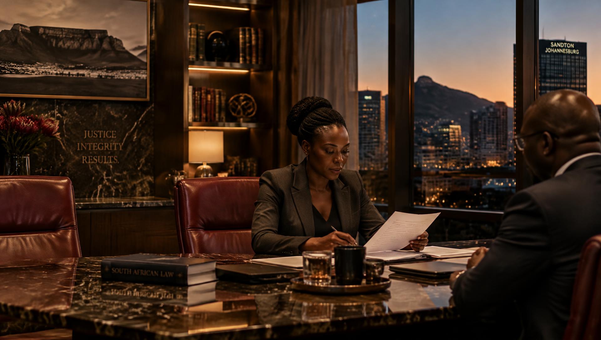 An attorney reviewing documents with a client in a boardroom